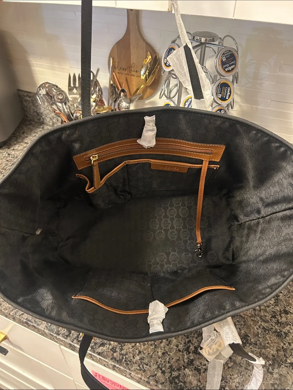 Michael Kors Two-Tone Saffiano Leather Tote in Brown, White and Black Trim